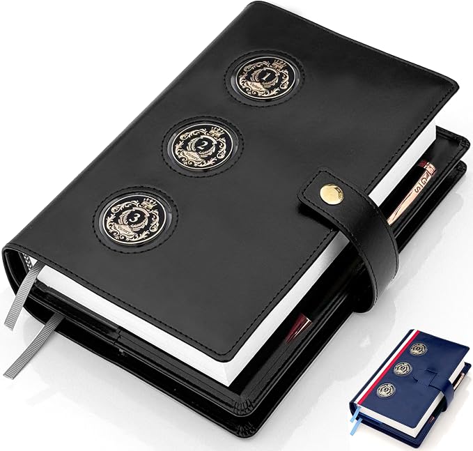 GALILEO® 3-Coin Pocket Double AA Book Cover | Showcase Your Journey | 12 Steps & 12 Traditions | PU Leather Coin Holder | AA Gift | Alcoholics Anonymous (Pure Black/ 3 Medallion Pockets)
