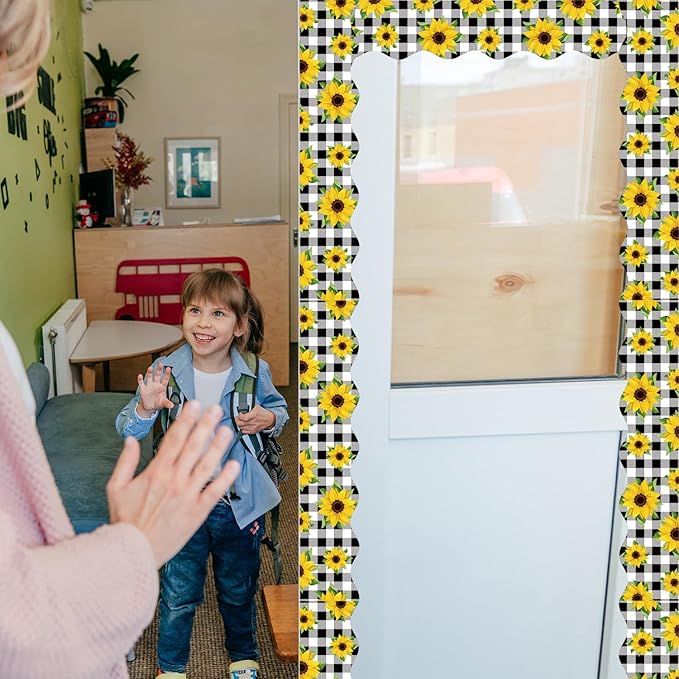 75Ft Sunflower Bulletin Board Border Decoration Sets, Summer Back to School Classroom Decor Floral Scalloped Trim Bulletin Border Sunflower Decor for Classroom Home Office Chalkboard Wall Door Window