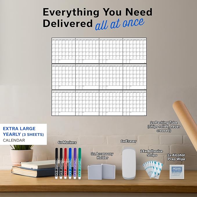 Yearly Dry Erase Calendar for Wall, 45x55, 12 Month Wall Calendar Dry Erase, Full Year White Board for Office, Home & School, Giant Annual Erasable Whiteboard, Jumbo Undated White Board Planner