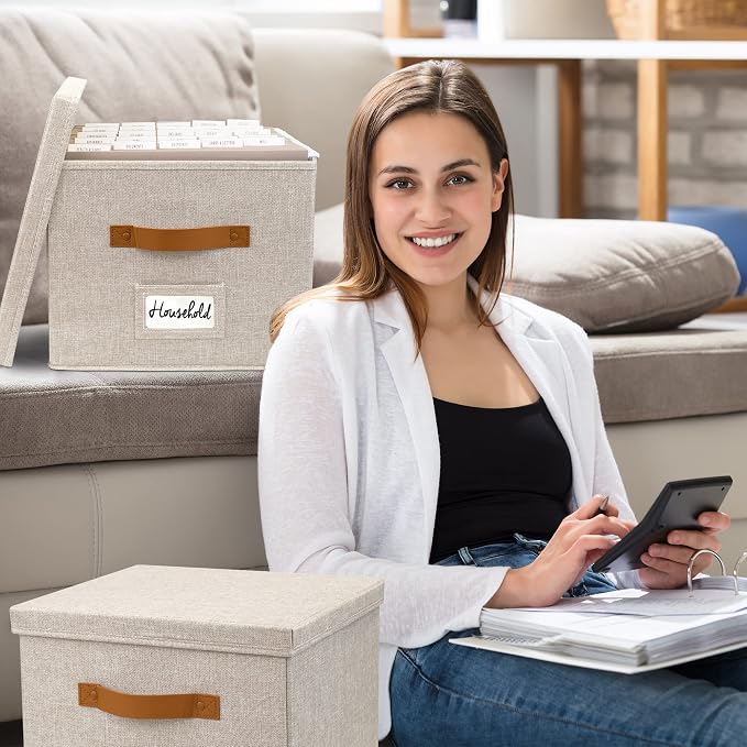 Decorative File Organizer Box Set of 2 - Collapsible Linen Filing Cabinets with Handles Are Perfect to Store All Your Documents & Hanging File Folders - Portable Easy Slide Office Crates with Lid