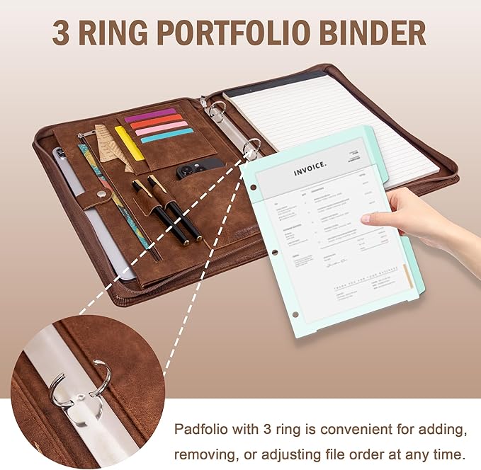 Calfinder 3 Ring Portfolio Binder with Zipper,Leather Padfolio for Men&Women,Business Portfolio Organizer with Tablet/Documents Holder,Leather Padfolio Binder for Interview/Office,Valentine's Day Gift