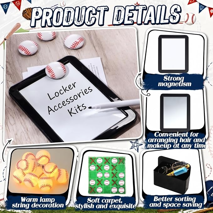 Kingdder 22 Pcs Baseball Theme Locker Accessories Kit Magnetic Locker Wallpaper Mirror Whiteboard Marker Pen Holder Magnet Hook Baseball Rug String Light for Back to Essentials Decoration