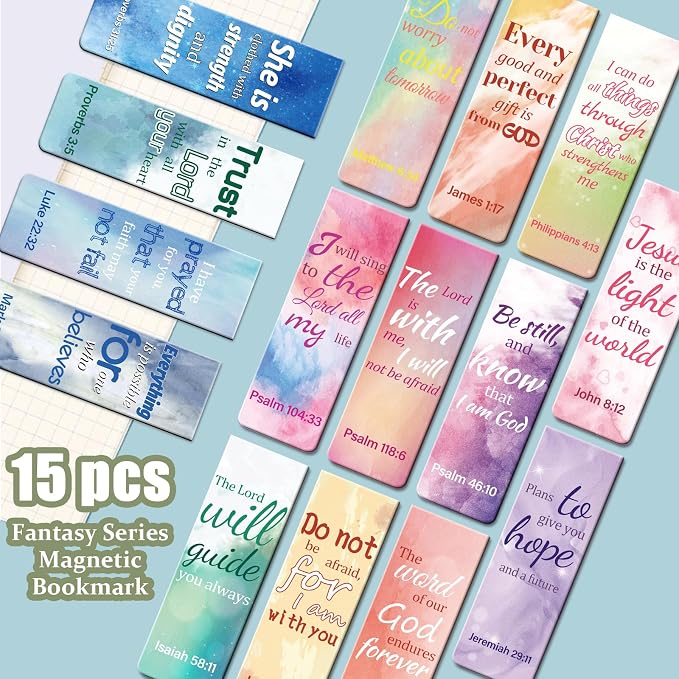 Kaluofan 15PCS Large Bible Quotes Magnetic Christian Bookmarks - Double Sided Magnet Book Markers for Women Students Teachers Supplies