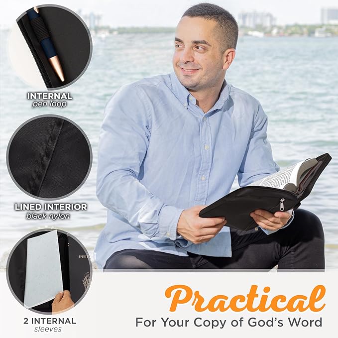 Christian Art Gifts Men or Women's Bible Cover Secure Zipper Jesus Fish, Black Canvas, Medium