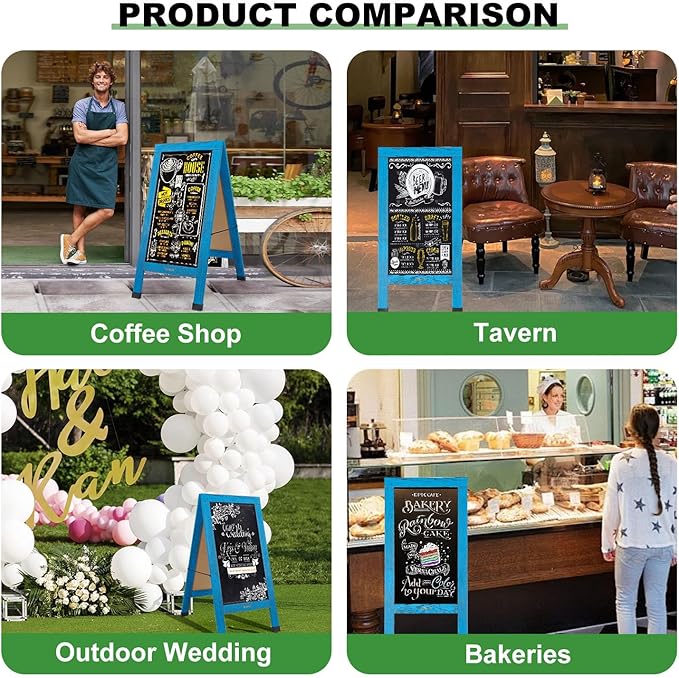 Large Sandwich A-Frame Chalkboard Sign - 40 x 20 Inches Blue Magnetic Wooden Chalk Board for Sidewalk, Stand up Double-Sided Outdoor Easel Display for Restaurant Cafe Shop Wedding Party or Business
