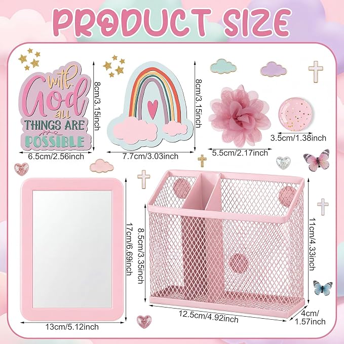 AmazingSpark Magnetic Locker Set with Whiteboard Mirror Erasable Pens Magnetic Pen Holder Refrigerator Magnet Flower and Inspirational Sticker Pink Decoration for Back to School Accessories