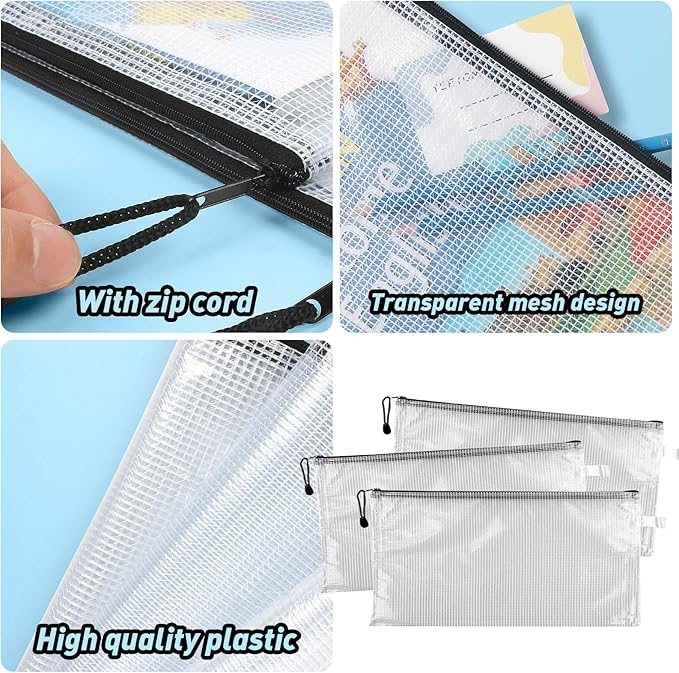 100 Pcs Black Mesh Zipper Pouch Bulk Multipurpose Waterproof Zipper Pouches, 9.5x4.5 Inches Small Plastic Zipper Mesh Bags Clear Mesh Pouches with Zipper for Office Travel Supplies Storage