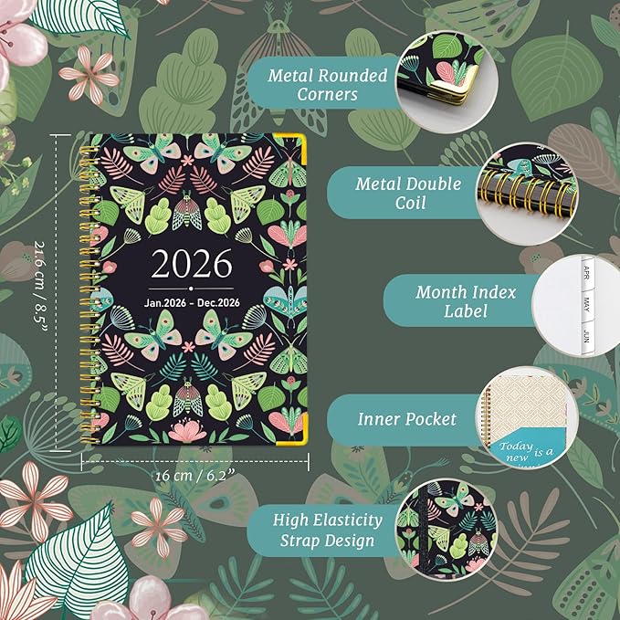 Academic Planner 2026, Daily Weekly and Monthly Planner, Jan. 2026 - Dec. 2026, Calendar Planner with Monthly Tabs, Planning Organize Notebook for Work, 8.5'' x 6.2'', Green Butterfly