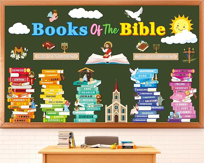 gisgfim Books of The Bible Bulletin Board Decorations Set Back to School Classroom Religious Paper Cutouts Colorful Christian Jesus Bulletin Board Decor for Sunday School Nursery VBS Chalkboard Wall