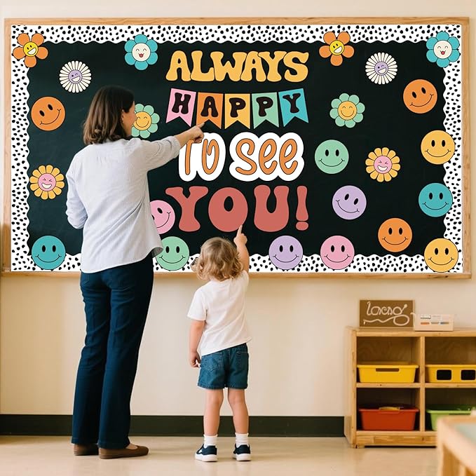 VABAMNA 63 Pcs Groovy Bulletin Board Decorations Set Retro Happy Face Classroom Decor with Black Dots Border Trims for Back to School Classroom Wall Door Decor