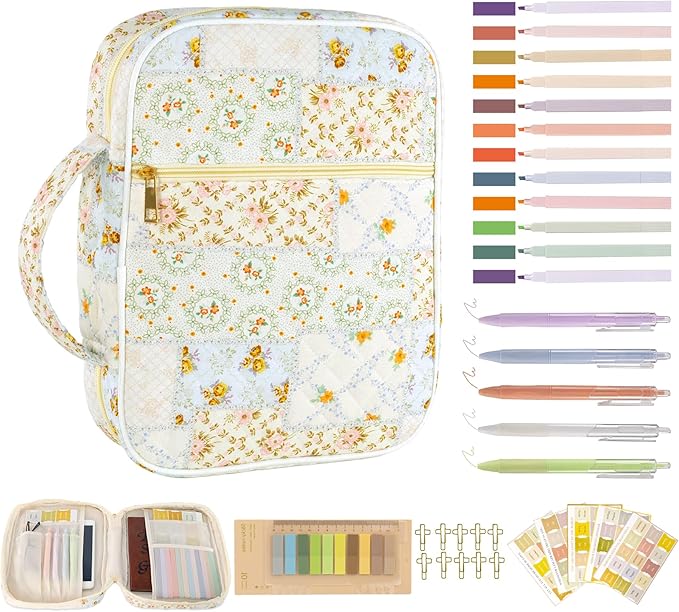 Bible Cover Case for Women, Large Bible Bag with Bible Study Supplies Accessories Christian Gifts for Women, Portable with Sturdy Handle and Highlighters, Spliced Flower