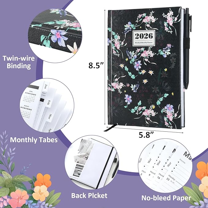 2026 Planner Weekly & Monthly – A5 Size 8.5" x 5.8", PU Leather Hardcover Planner 2026 with Twin-Wire Binding, Thick Paper, 2026 Small Planner Calendar for Home, Office, School