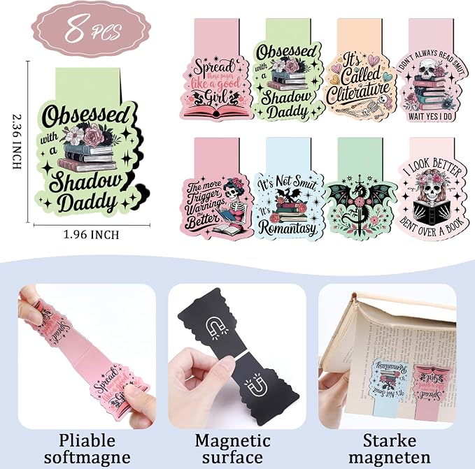 Dark Romance Magnetic Bookmarks - 8 PCs Funny Page Makers Fantasy Gifts for Women Men Book Lovers Cool Unique Dragon Skull Bulk Merch for Reading Bookish Students Teachers School Supplies