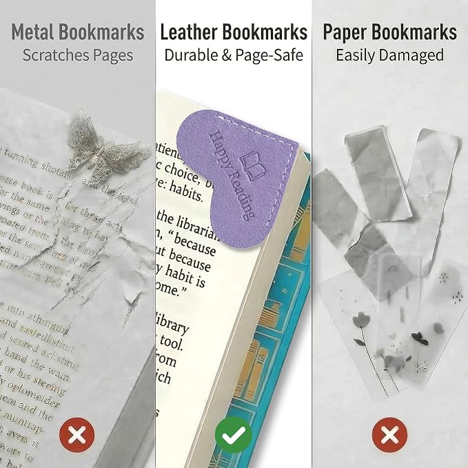 Leather Heart Bookmarks for Reading Women - 6 Pcs Happy Reading Corner Page Bookmarks, Cute Book Marks Graduation Giffs for Kids Students, Teacher Appreciation, Book Lovers, Perfect Bookish Gifts