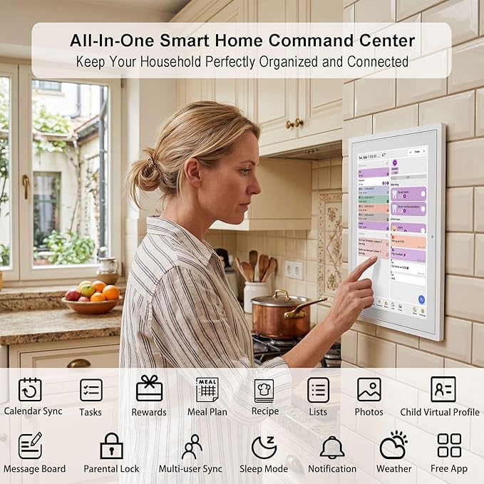 Digital Calendar with Touch Screen - 10.1 Inch Wall-mounted Smart Electronic Planner with Third-Party Calendar Sync, Chore Tracker, Meal Plan & Photo Display, Gifs for Mom