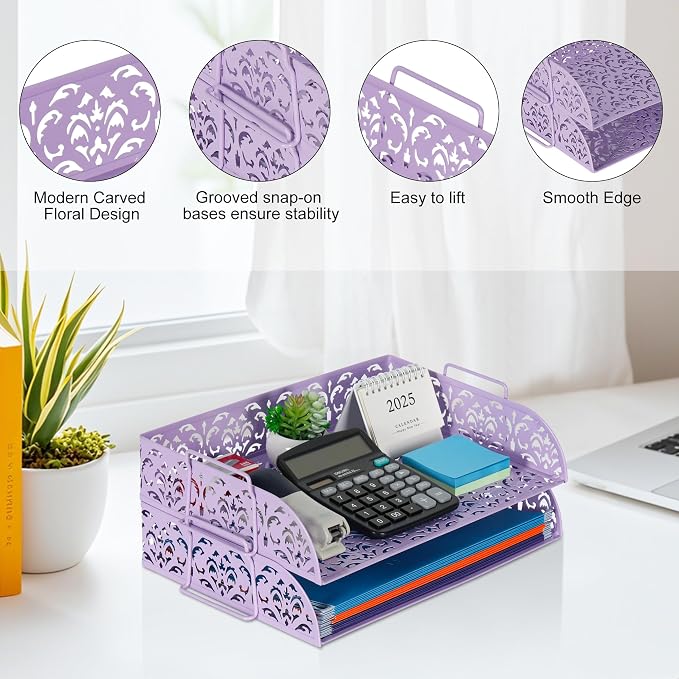 EasyPAG Paper Organizer for Desk 2 Tier Stackable Paper Tray for A4 Legal Size Folders Metal File Storage Desktop Organizer for Home Office School Teacher, Purple