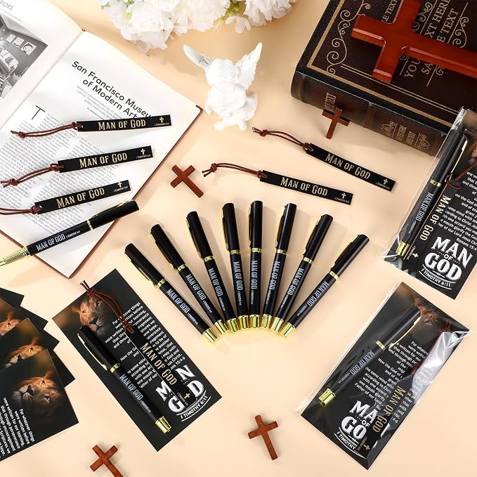 Skyygemm 50 Sets Fathers Day Christian Gifts for Church Man of God Gifts Bulk Bible Verse Pens Leather Bookmarks Religious Cards Appreciation Gift for Church Men Pastor Dad Godfather Clergy