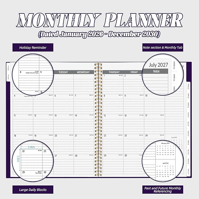 2026-2030 Monthly Planner 5 Year Monthly Planner/Calendar 2026-2030, Jan 2026 – Dec 2030, 9" x 11", Tabs, Double-Side Pocket, Holidays, Thick Paper - Purple