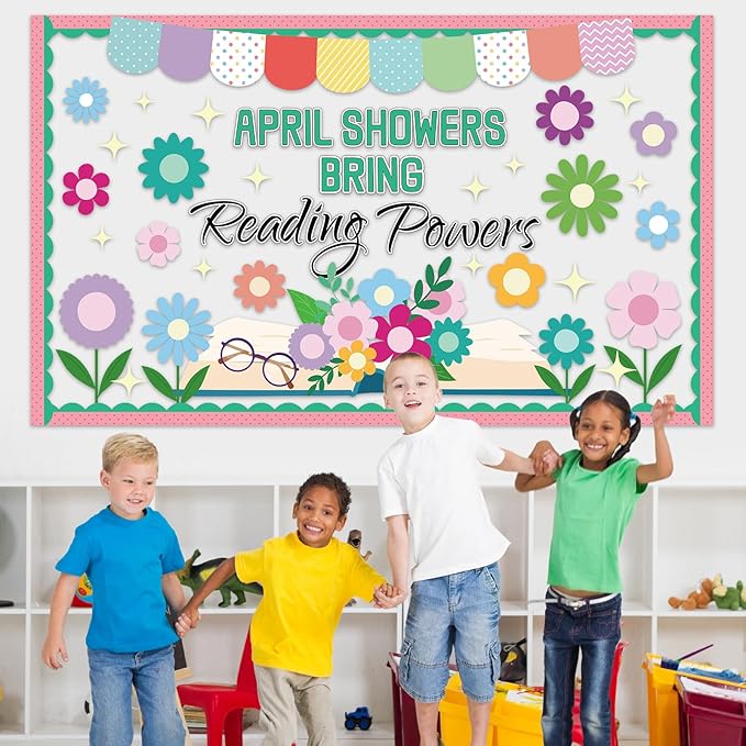 April Showers Bring May Flowers Bulletin Board Decorations Set Spring Reading Classroom Decoration April Floral Bulletin Board Spring Floral Cutout for Back to School Office Home Chalkboard Wall Decor