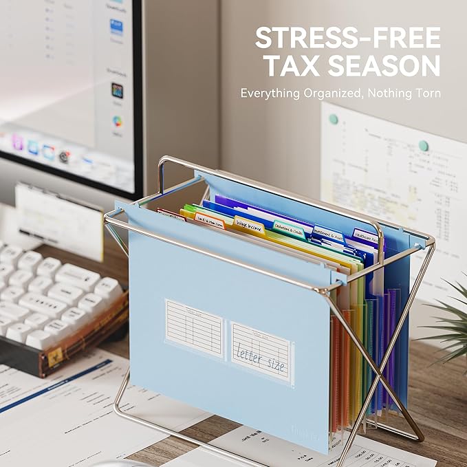ThinkTex Plastic Expanding Hanging File Folders, 7 Innovative 1.2" Accordion Pockets, Large Capacity, Multi-Color Tabs, Letter Size for Filing Cabinet - Blue