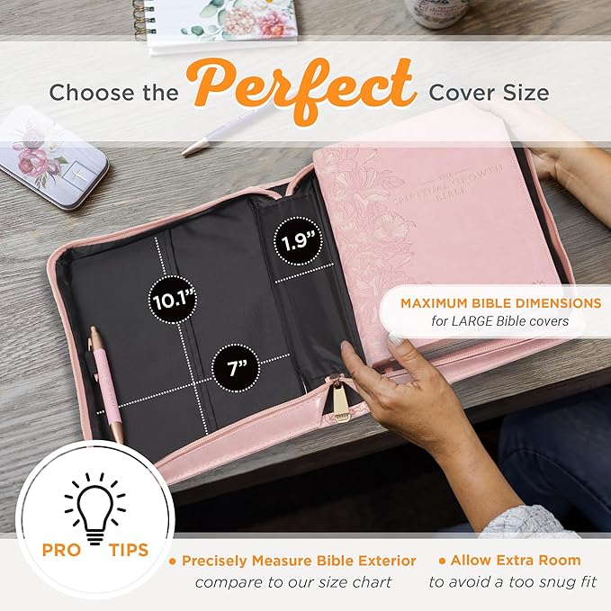 Christian Art Gifts Premium Vegan Leather Fashion Floral Bible Cover for Women: Strength & Dignity - Prov. 31:25 Inspirational Scripture Verse Carry Case w/Pockets & Pen Storage, Pink & Gold, Large