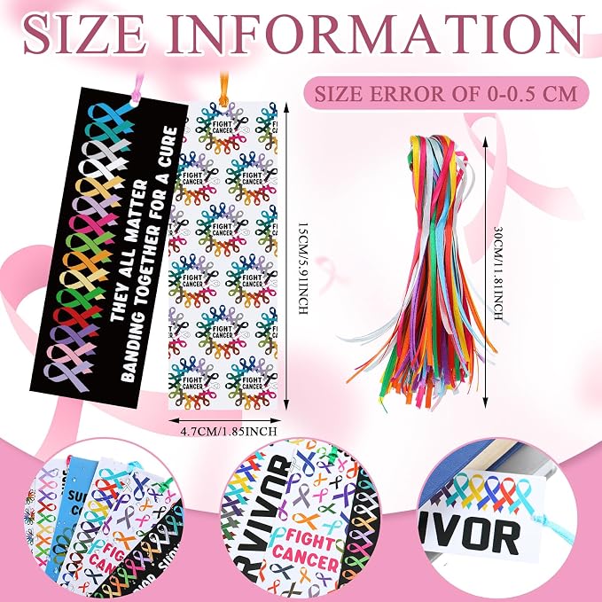 Yaomiao 120 Pcs Cancer Awareness Laminated Bookmarks Bulk Colorful Ribbon Bookmarks All Cancer Awareness Book Markers for Charity Fundraiser Support Items Office Supplies