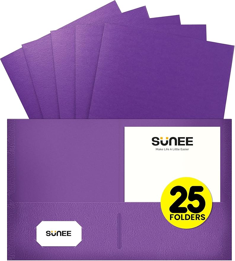 SUNEE Folders with Pockets(25 Pack, Purple), 2 Pocket Folders Fit Letter Size Paper, Paper File Folder for School Office Home Business