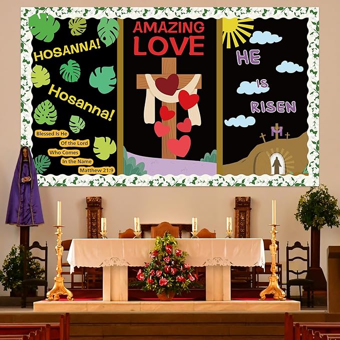Easter Religious Bulletin Board Set Christian Jesus Classroom Decorations He is Risen Bulletin Board Easter Love Hearts Cross Jasmine Borders Cutouts for Sunday School Church Chalkboard Wall Decor