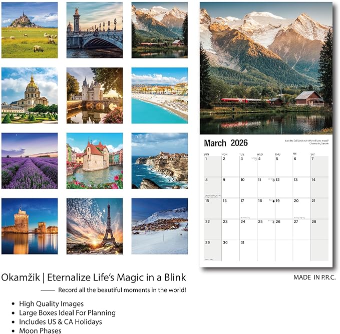 Wall Calendar 2026 Planner Calendar - France Hangable Monthly Wall Calendar with Large Blocks for Organizing & Planning, Academic Schedule, Home, Office & family, Thick & Sturdy Paper (12"x24" Open)