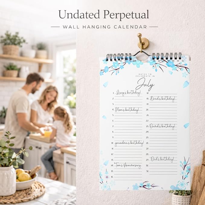 Perpetual Floral Wall Calendar for Birthdays and Anniversaries -12 Months - Dates to Remember Book - Journal for Important & Special Days - Wall Hanging Date Organizer 6 x 9 inches