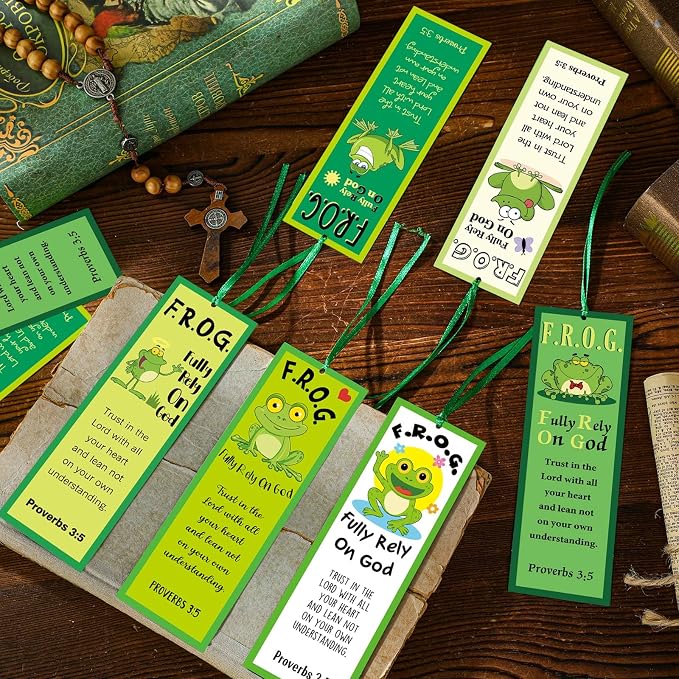 60 Pcs Fully Rely On God Frog Bookmarks Proverbs 3: 5 F.R.O.G. Christian Bible Verse Bookmark Gift Religious Inspirational Bookmark for Church Sunday School VBS(Fully Rely on God)