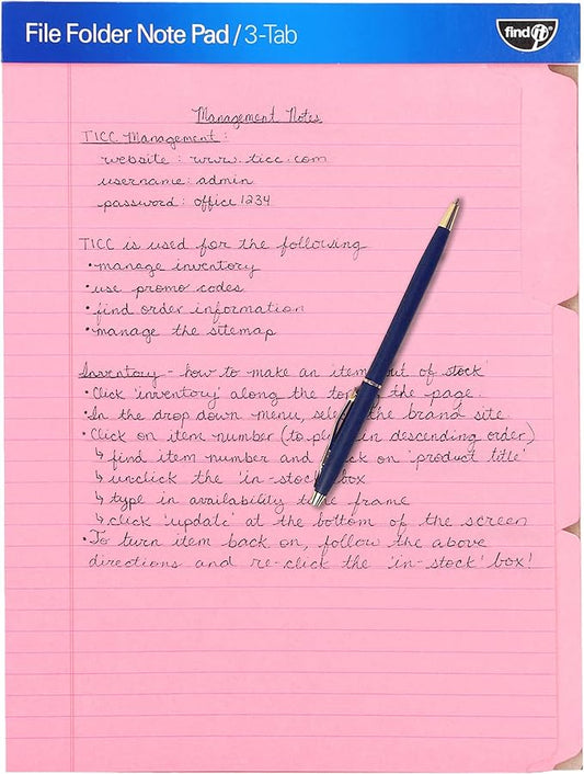 Find It File Folder Notepad - Pack of 72-9.5 x 12.5 Inch Notebook Organizer Folders for Filing, Document, and Clipboard Organization - Pink