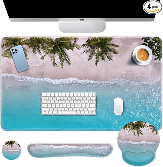 Britimes Blue Turquoise Ocean Keyboard Mouse Pad Set Beach Summer 4in1 Large Mousepad+Keyboard Wrist Rest+Mouse Wrist Rest+Coaster Ergonomic Design for Home Office Computer 35.4x15.7 inches