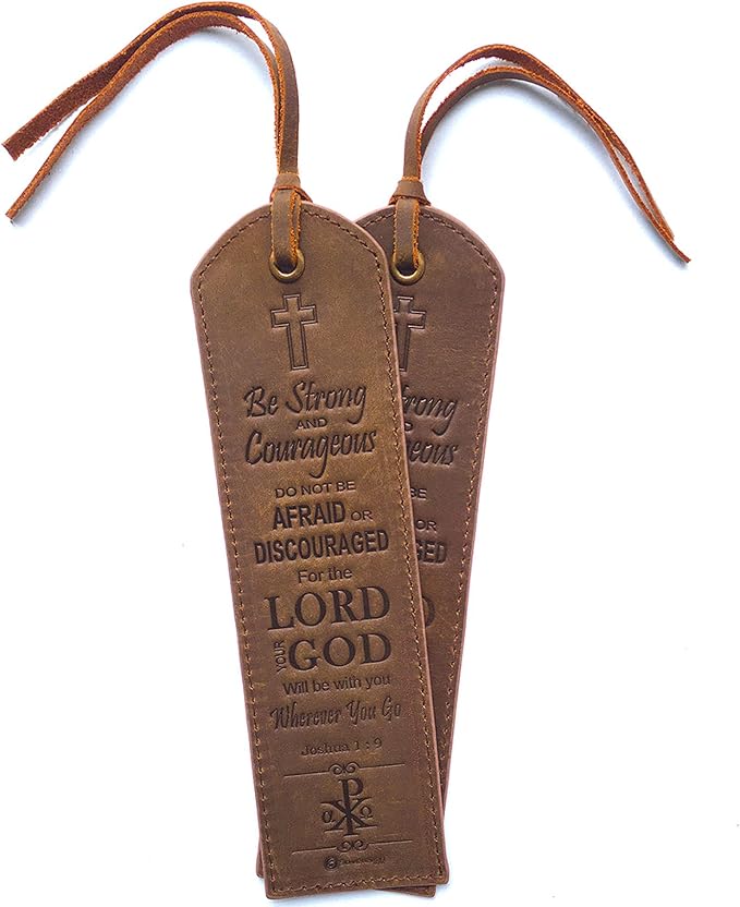 Leather Bible Bookmarks - 2 Leather Christian Bookmarks with Inspirational Bible Verse | Joshua 1: 9 Be Strong & Courageous | Perfect Religious Book Marker Gifts for Men, Women, Readers and Friends