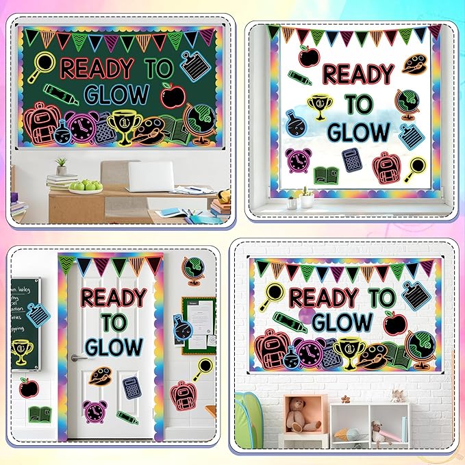 Welcome Back to School Bulletin Board Decorations Ready to Glow Inspirational Classroom Bulletin Board Neon Style Paper Cutouts for First Day of School Office Home Teacher Classroom Wall Supplies