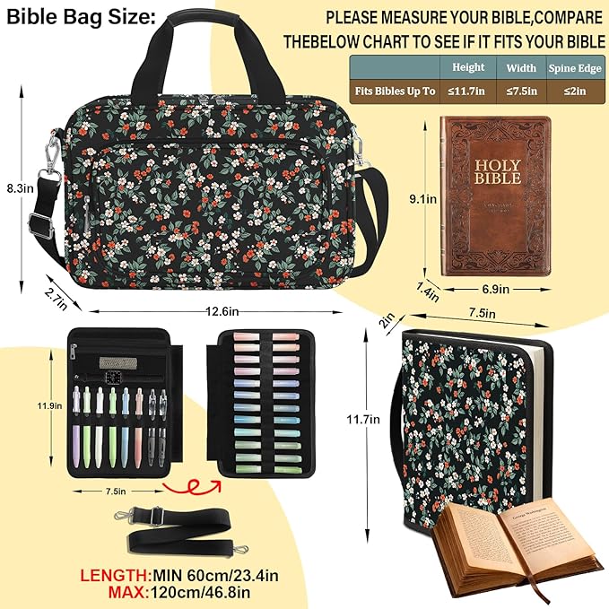Large Bible Bags for Women Organizer with Bible Cover Case, Bible Cover with Shoulder Strap & Journaling Kit, Pens and Highlighters Cross Clip for Bible Study & Church, Gift for Mom - Flower