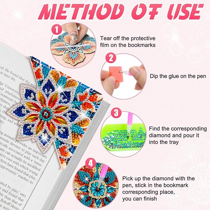 WIVICO 4 pcs Diamond Painting Bookmarks, DIY Diamond Art Kits for Adults, Book Corner - Protecting Bookmark Craft Supplies Kits for Book Lovers(Mandala C)