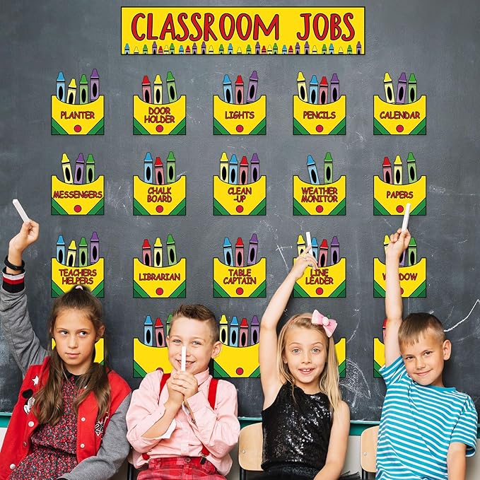 FYSUIMU Crayon Class Jobs Bulletin Board Set Colorful Classroom Jobs Pocket Chart with Name Cards Teacher's Helper Chalkboard Decor for Back to School Teacher Students Supplies, 71Pcs
