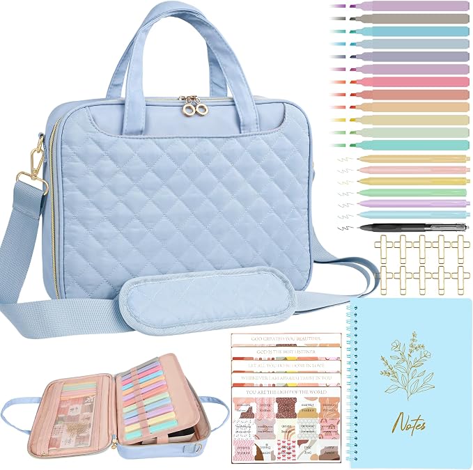 PUGPIU Bible Cover Case for Women, Large Quilted Bible Bag with Shoulder Strap and Handle, Bible Study Supplies Journaling Kit with Highlighters Pens No Bleed Tabs Notebook Cross Clips (Light Blue)