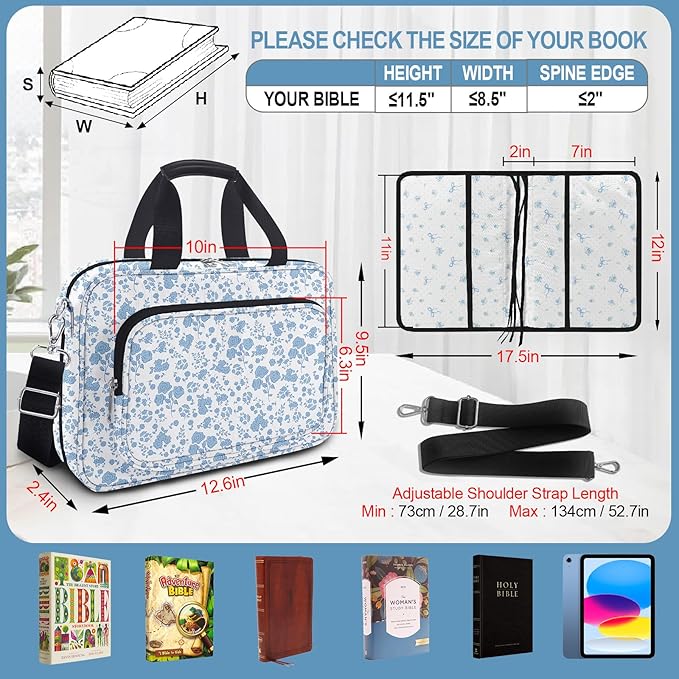 Floral Bible Cover Case for Women Girls,Bible Carrier,Bible Bags for Women Organizer,Bible Holder with Shoulder Strap,Handle,Bible Study Supplies Kit with Highlighters,Tabs,Pens,Christian Gift Blue