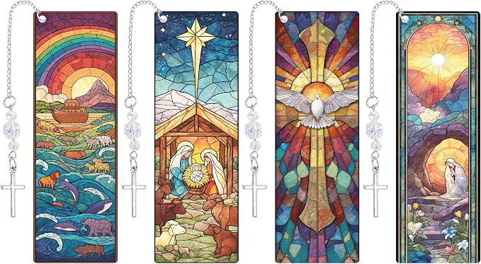 Christian Religious Bookmark Gifts - 4 Pcs Catholic Stained Glass Bookmarks for Women Book Lovers Pendant Tassels Beaded Page Marks Reading Accessories Bookish Gift for Birthday Sunday Church