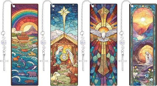 Christian Religious Bookmark Gifts - 4 Pcs Catholic Stained Glass Bookmarks for Women Book Lovers Pendant Tassels Beaded Page Marks Reading Accessories Bookish Gift for Birthday Sunday Church