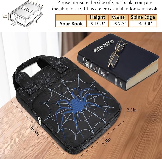 DSIUE Boys Bible Case Cover for Kids, Children's Spider Bible Carrying Case Book Holder/Carrier/Church Bag with Handle and Pockets, Spider Black