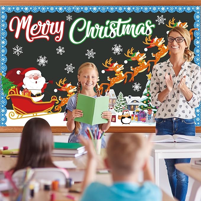 Pezutoi Christmas Bulletin Board Decoration Set Merry Christmas Santa Reindeer Xmas Elk Snowflakes for Winter Christmas Party Supplies School Chalkboard Wall Decor