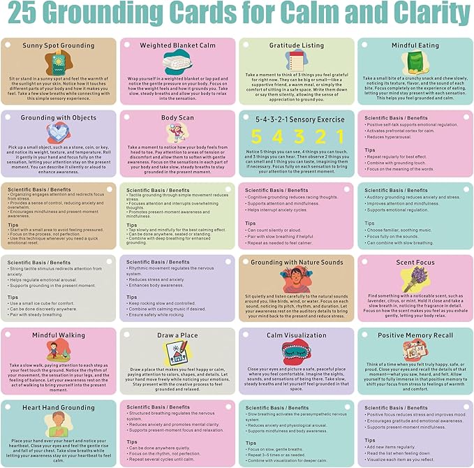 Grounding Cards & Worry Stone for Anxiety, Therapy Games for Teens & Adults, 24 Coping Skills Cards for Stress Relief, Mindfulness Tools for Trauma, PTSD, BPD, DID, Special Education School Supplies