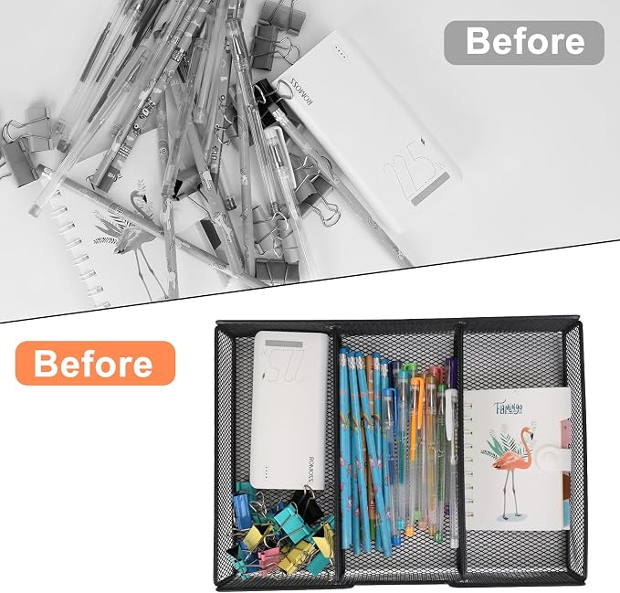 Desk Drawer Organizer, Metal Mesh Small Shallow Drawer Organizers Junk Organizer Tray with 3 Compartments, Pen Pencil Storage Box for Office Supplies Desk Accessories Workspace School Organization