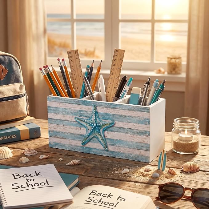 Feifeiya Starfish Coastal Pen Holder for Desk Lake House Nautical Beachy Wooden Box Sign Desk Decor Starfish Pencil Organizer Ocean Beach Lovers Gifts for Home Office Tabletop Shelf Decoration