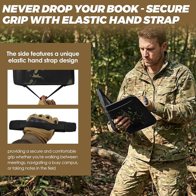 Tactical Notebook Cover, A5 Padfolio 6 Ring Binder with Big Back Pocket & Hand Strap, Zippered Hardcase Planner for Journal, College, Office, Field (Black Camo, A5(7.3 x 10 inches))