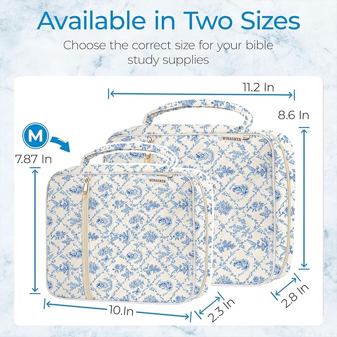 WOBAGMEN Bible Cover Case for Women,Large Bible Tote Bags Organizer Quilted Carrying Case for Girls,Bible Study Supplies Accessories Christian Gifts for Women (Vintage Blue, M)