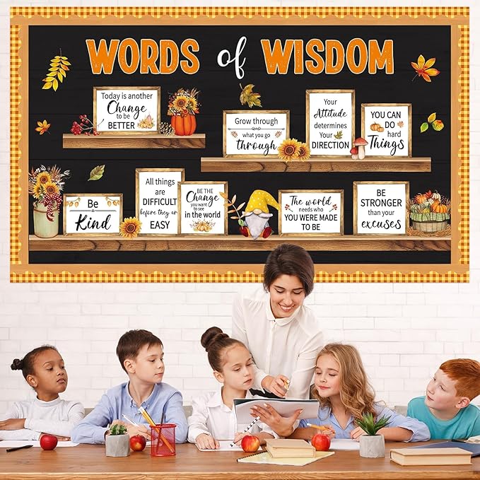 Fall Thanksgiving Bulletin Board Set Bookshelf Words of Wisdom Bulletin Board Boarder Motivational Fall Classroom Decorations Autumn Inspirational Positive Paper Cutout for Classroom Wall Decor